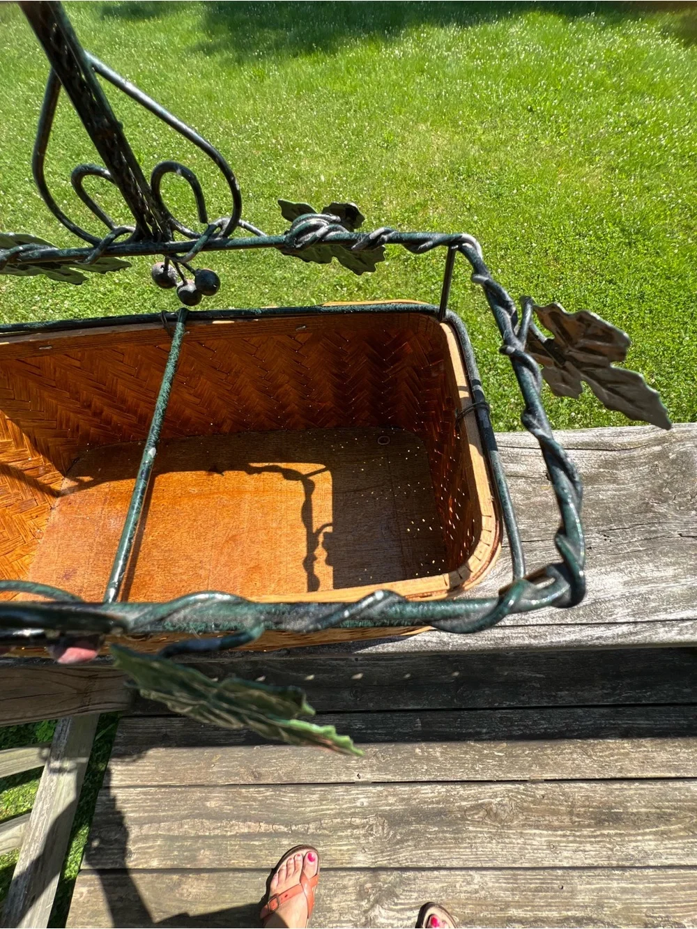 Woven Brown Basket Planter with Decorative Leaf Trim